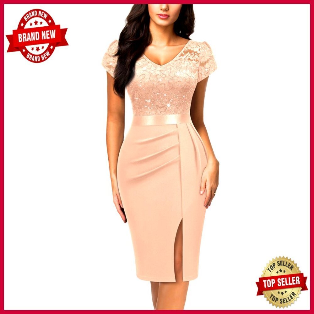 Sequin Lace Cocktail Dress Elegant V-Neck Cap Sleeve Party Formal Wear